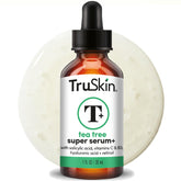 TruSkin Tea Tree Oil Serum bottle close-up shows an unscented formula for blemish-prone skin.
