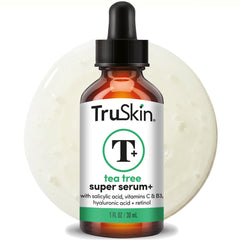 TruSkin Tea Tree Oil Serum bottle close-up shows an unscented formula for blemish-prone skin.