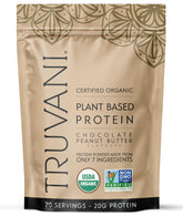 Truvani Dairy Free Protein Powder front view hints at chocolate peanut butter flavor and clean ingredients.
