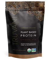 Truvani Organic Vegan Protein Powder Chocolate packaging highlights premium ingredients for clean nutrition.