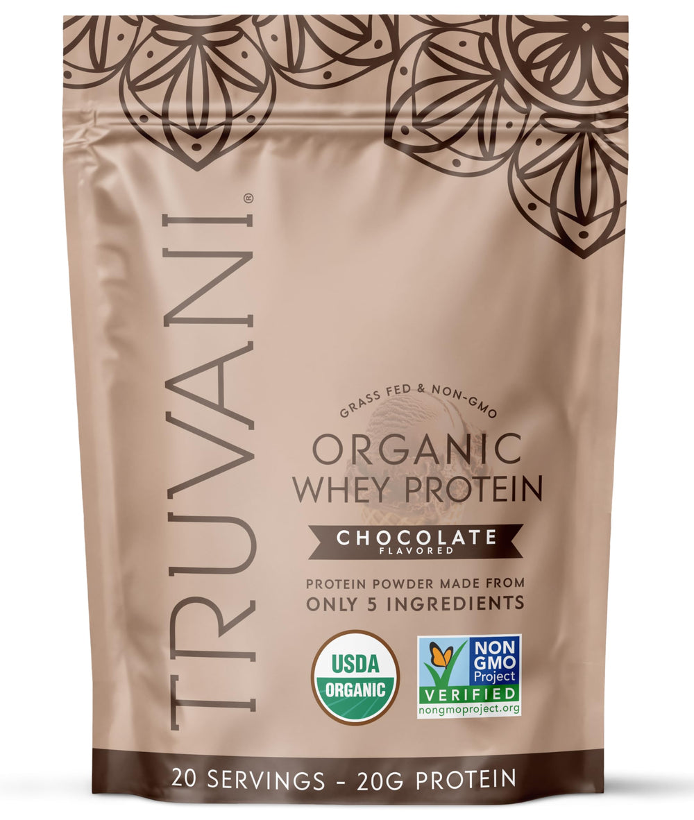 Truvani Organic Whey Protein chocolate scoop for a smooth post-workout boost.