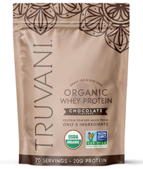 Truvani Organic Whey Protein chocolate scoop for a smooth post-workout boost.