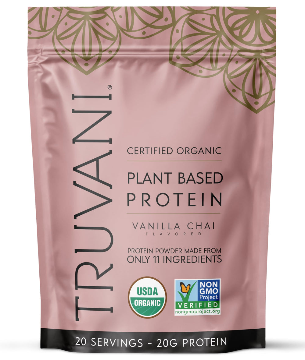 Truvani Vegan Pea Protein Vanilla Chai bottle showcases clean organic ingredients for keto-friendly snacks.