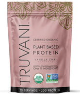Truvani Vegan Pea Protein Vanilla Chai bottle showcases clean organic ingredients for keto-friendly snacks.