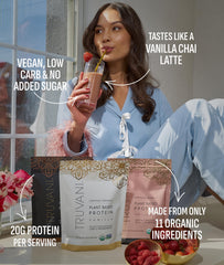 Truvani Vanilla Chai protein shake glass demonstrates creamy texture ideal for sugar-free flavor.