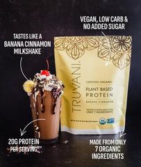 Truvani vegan pea protein powder banana cinnamon scoop shows blended texture