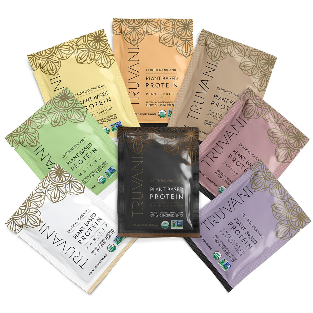 Truvani vegan pea protein sample pack shown with eight convenient servings for busy days.