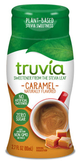 Truvia caramel liquid sweetener bottle, ideal for coffee.