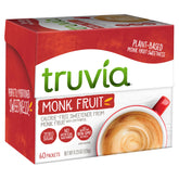 Truvia monk fruit packets box close-up for convenient, calorie-free sweetness