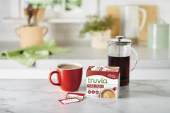 Truvia monk fruit packets on a kitchen counter for everyday use