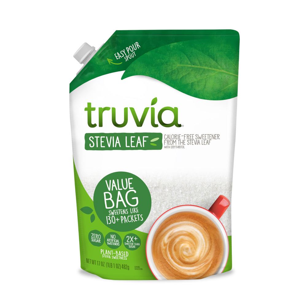 Truvia Original bottle pouring calorie-free sweetness into a coffee cup