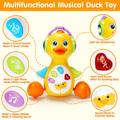 Tsomtto duck toy in crawling action demonstrates motion, lights, and responsive sounds for active babies.