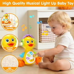 Tsomtto duck during tummy time play encourages reaching and tracking with colorful lights.