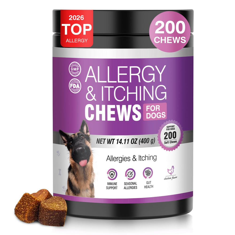 TTLXRL dog allergy chews bottle image showing easy serving and itch relief potential.