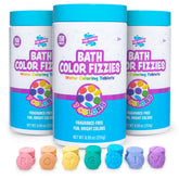 Tub Works Bath Color Fizzies canister closeup shows colorful tablets for safe kids' baths