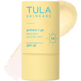 TULA Protect + Glow sunscreen stick applied to the face for mess-free protection
