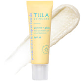 TULA Protect + Glow sunscreen packaging shown for on-the-go sun protection
