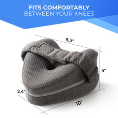 TULARIS adjustable strap knee pillow secures position for overnight comfort.