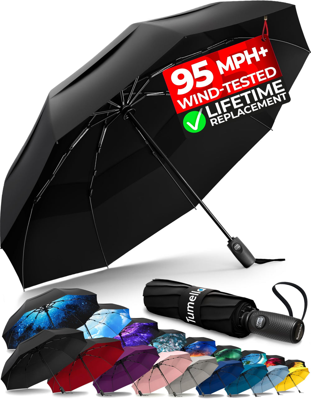 Tumella strongest windproof umbrella with vented canopy for gusty weather
