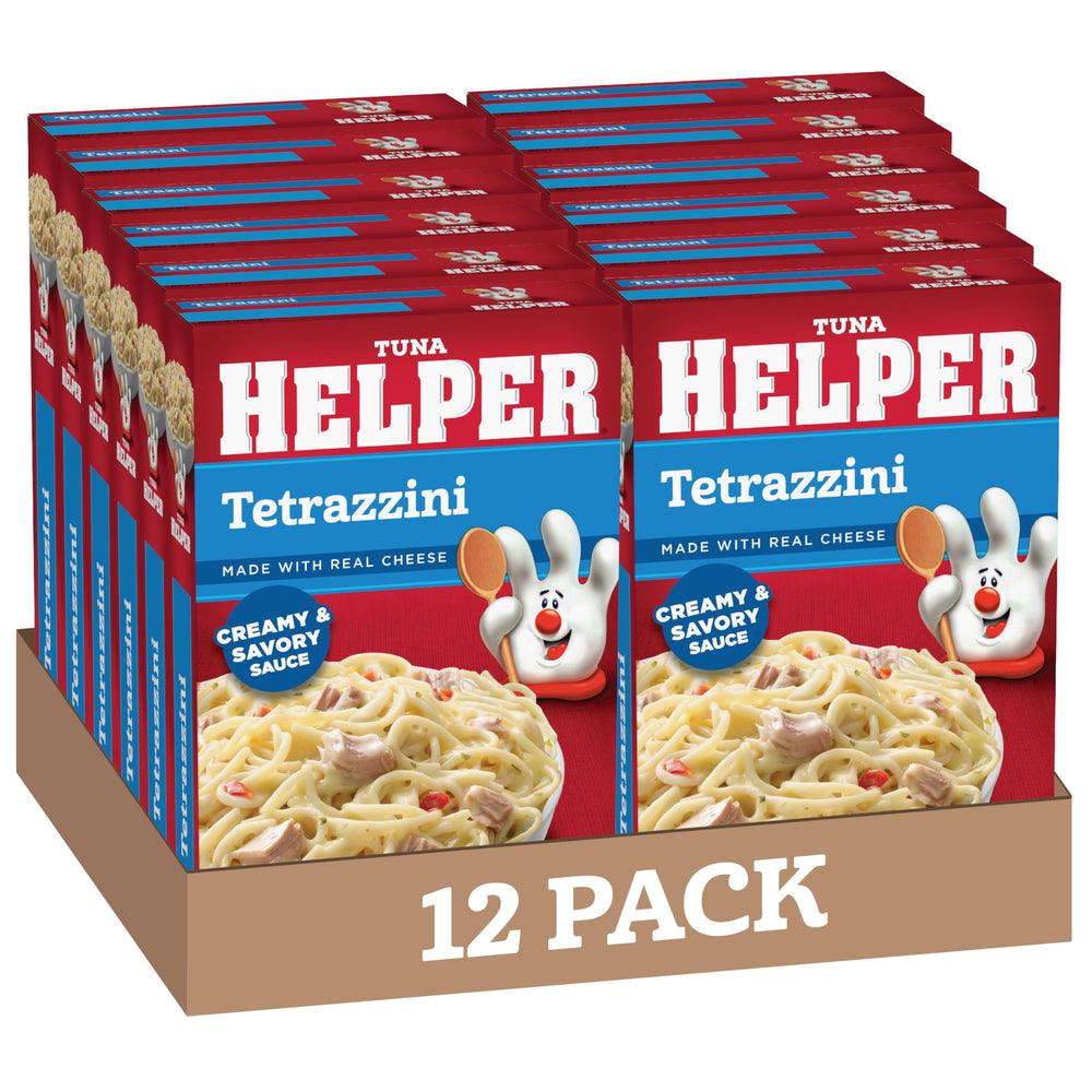 Tuna Helper Tetrazzini 12-pack box, a convenient pantry staple for busy families.