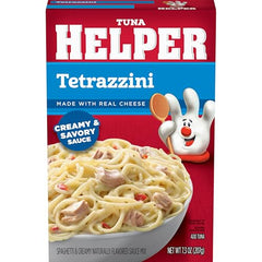Tuna Helper Tetrazzini simmering in a skillet demonstrates quick three-step prep.