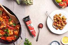 Label highlights gluten-free and non-GMO ingredients on the Tuscanini tube