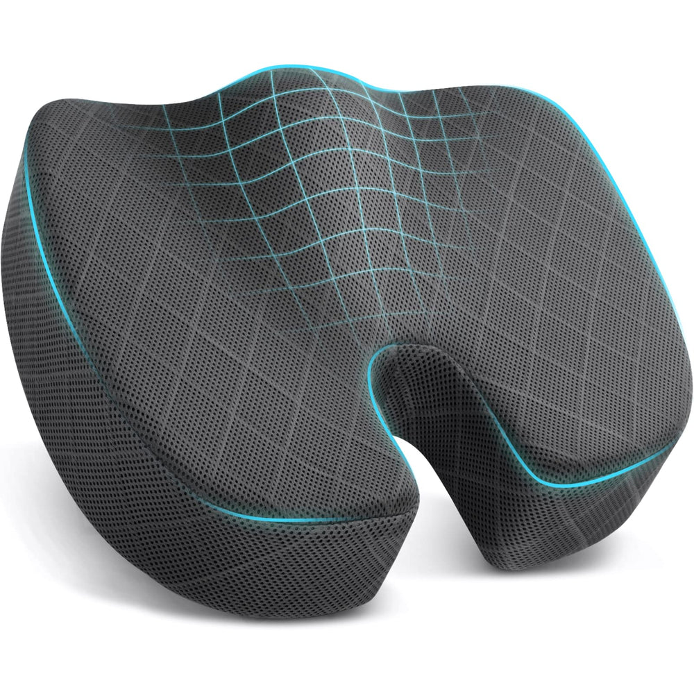 TushGuard memory foam cushion on an office chair providing coccyx support and comfort.