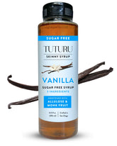 Tuturu Botanical Coffee Sugar Free Vanilla Syrup bottle front shows real vanilla aroma for coffee sweetness