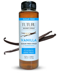 Tuturu Botanical Coffee Sugar Free Vanilla Syrup bottle front shows real vanilla aroma for coffee sweetness