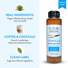 Syrup swirling in a latte showcases vanilla flavor in a smooth, low-sugar beverage base