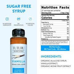 Tuturu syrup being poured into a cup highlighting dairy-free vanilla boost for drinks