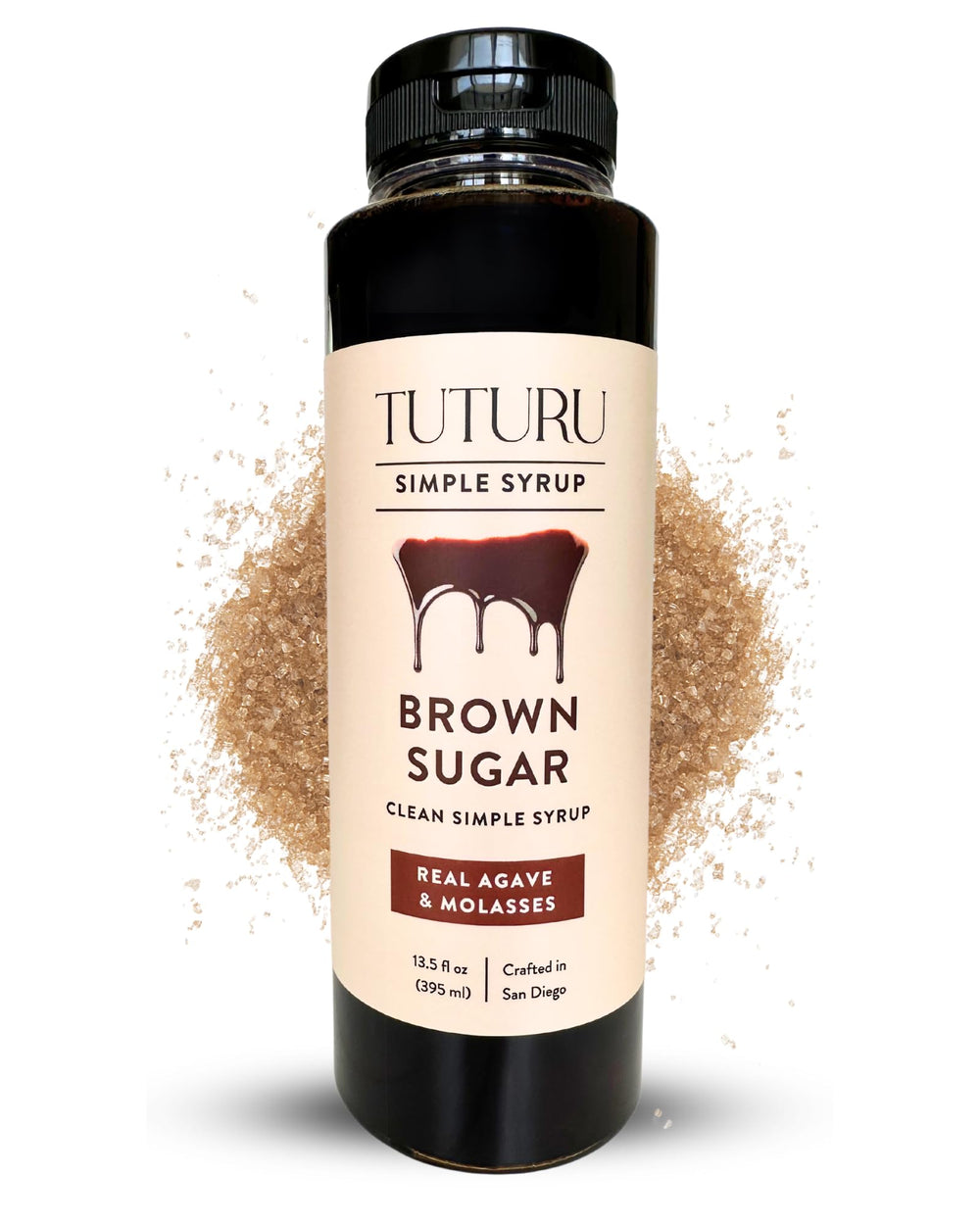 Tuturu brown sugar syrup bottle on kitchen counter enhances coffee flavor