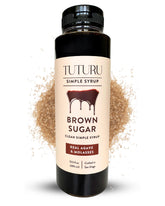 Tuturu brown sugar syrup bottle on kitchen counter enhances coffee flavor