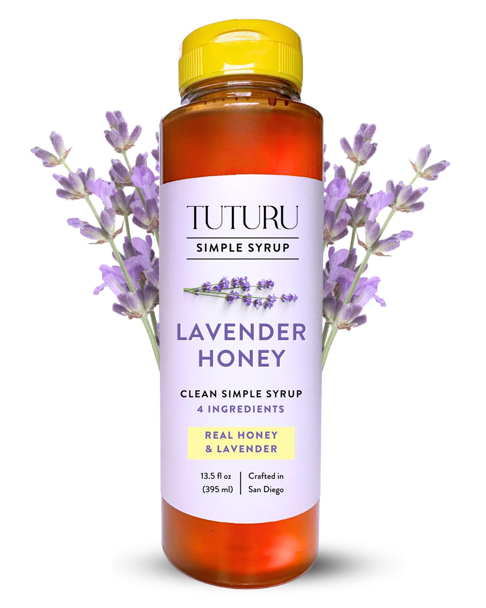 TUTURU Lavender Honey Syrup bottle ready for use on a kitchen counter