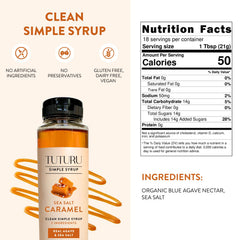 Tuturu salted caramel agave syrup label closeup highlighting organic ingredients.