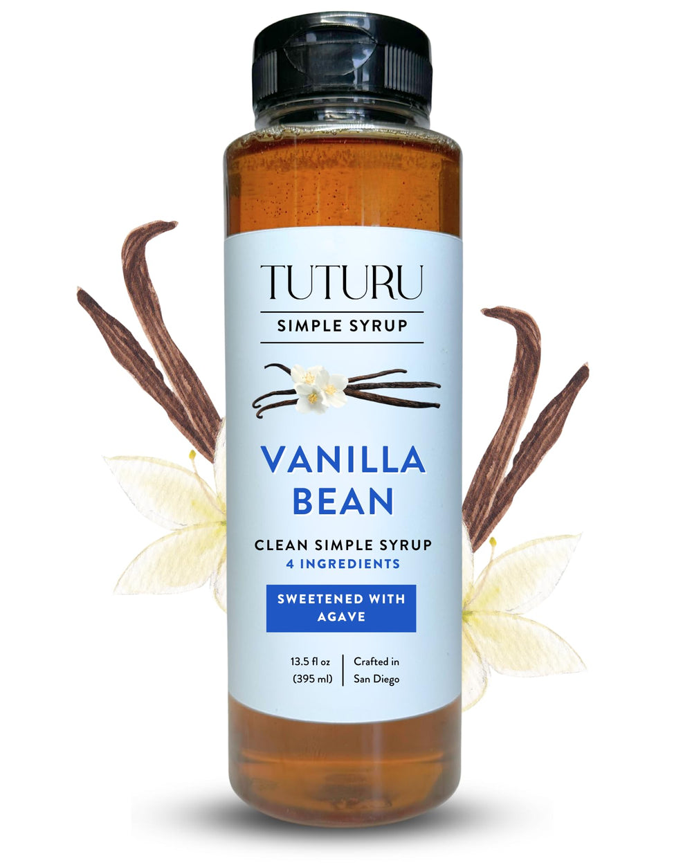 TUTURU Vanilla Bean Agave Syrup bottle adds authentic vanilla aroma to coffee