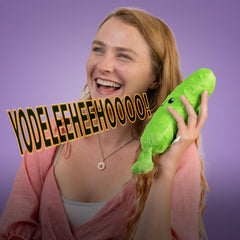 Twiddler Toys Yodeling Plush Pickle close squeeze shows five loud yodels on demand.
