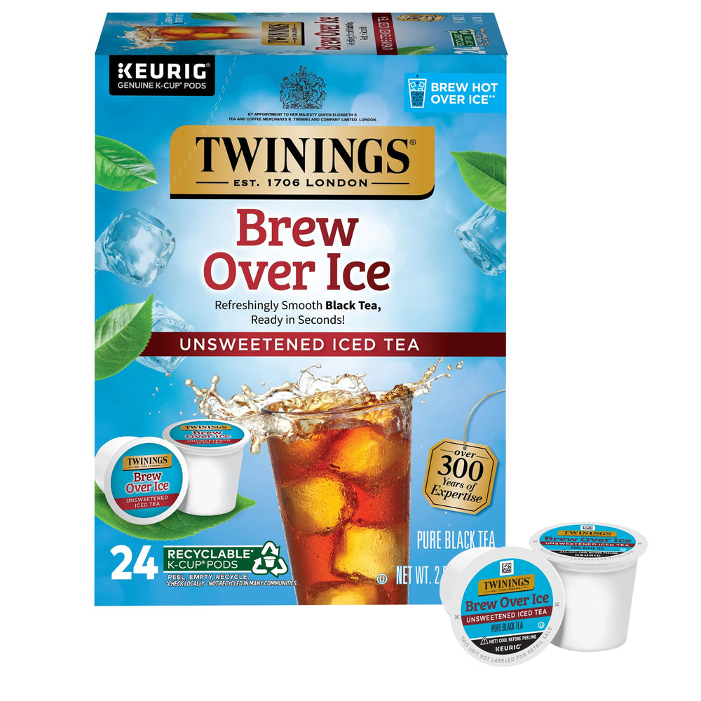 Twinings Brew Over Ice unsweetened black tea pods in box for quick refreshment.