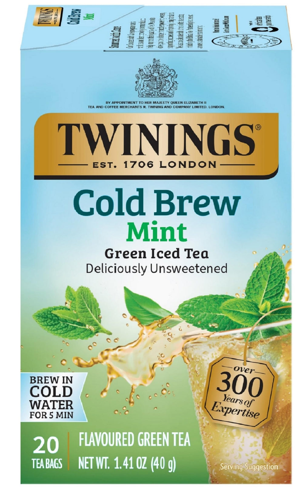 Twinings Cold Brewed Mint Green Tea packaging shown for refreshing iced tea at home.