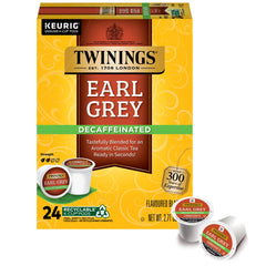 Twinings decaf Earl Grey tea pod box for convenient caffeine-free indulgence.