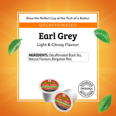 Twinings decaf Earl Grey pod close-up highlighting citrus bergamot aroma.