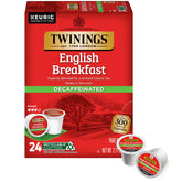 Twinings Decaffeinated English Breakfast tea pods box for quick, caffeine-free mornings.