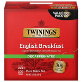 Twinings Decaffeinated English Breakfast tea pack showing individually wrapped bags for freshness on the go.