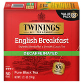 Twinings English Breakfast decaf tea bags, individually wrapped for freshness and convenience.