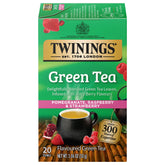 Twinings Green Tea with Pomegranate, Raspberry & Strawberry tea bags, individually wrapped for freshness and portability.