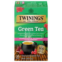 Twinings Green Tea with Pomegranate, Raspberry & Strawberry tea bags, individually wrapped for freshness and portability.