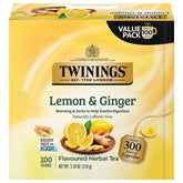 Twinings Lemon Ginger herbal tea box showing packaging and label