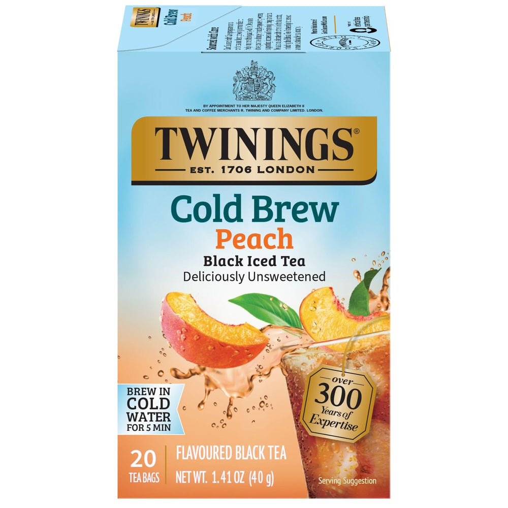 Twinings Peach Cold Brew tea bags closeup, showcasing peach flavor for a quick refreshing iced tea