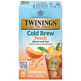 Twinings Peach Cold Brew tea bags closeup, showcasing peach flavor for a quick refreshing iced tea
