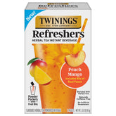 Twinings Peach Mango Refreshers pouch with real peach bits for a juicy café-style treat.